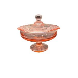 Pink Glass Octagonal Covered Candy Dish Pedestal Etched Lid ~6" Depression Glass